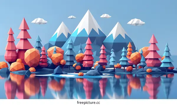Low Poly Landscape with Mountain, Trees and Lake