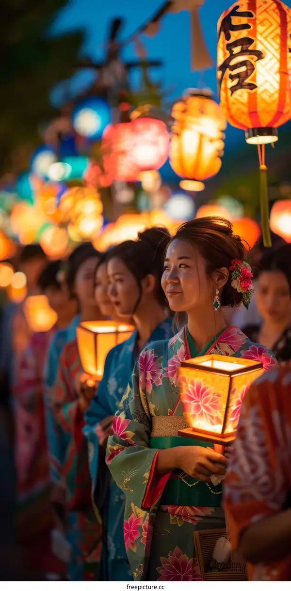 A group of Japanese women wearing traditional kimonos and carrying lanterns