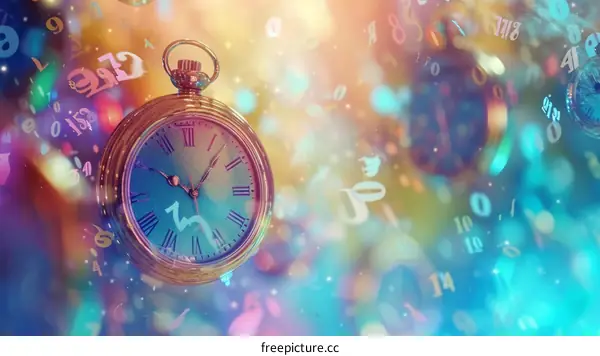A golden pocket watch with a blue dial and Roman numerals is suspended in mid-air against a backdrop of colorful confetti.