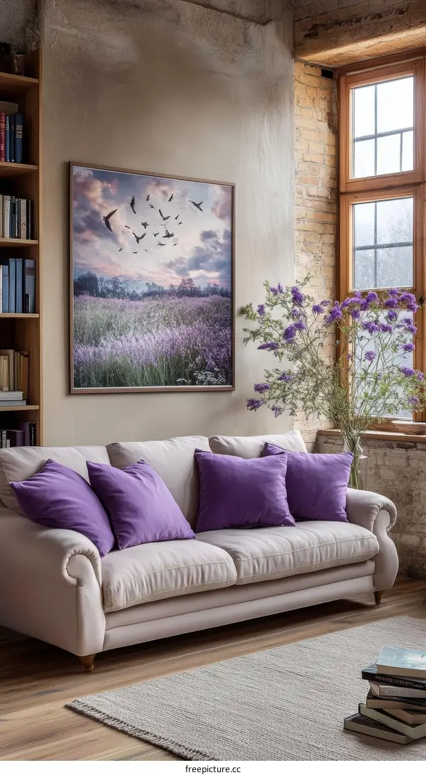 Purple Flowers Field with Birds at Sunrise