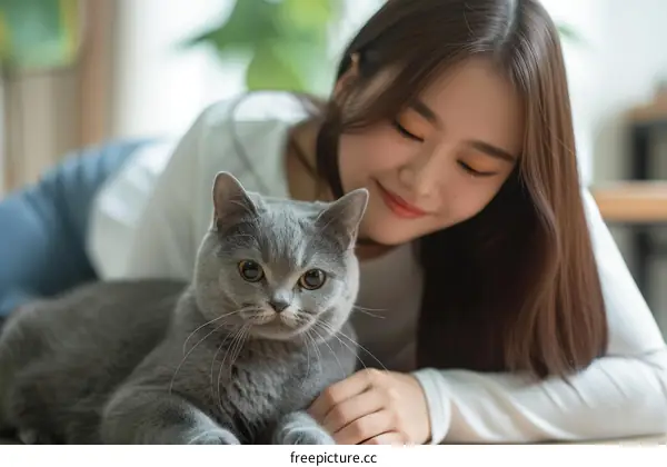 A young woman is petting a gray cat