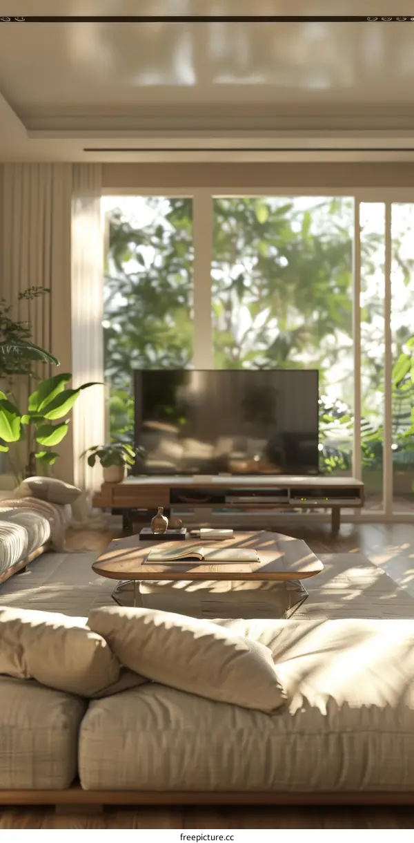 Bright and Modern Living Room with Large Windows and Plants