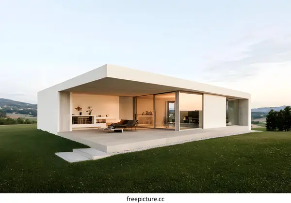 Modern White House with Glass Walls and Green Lawn