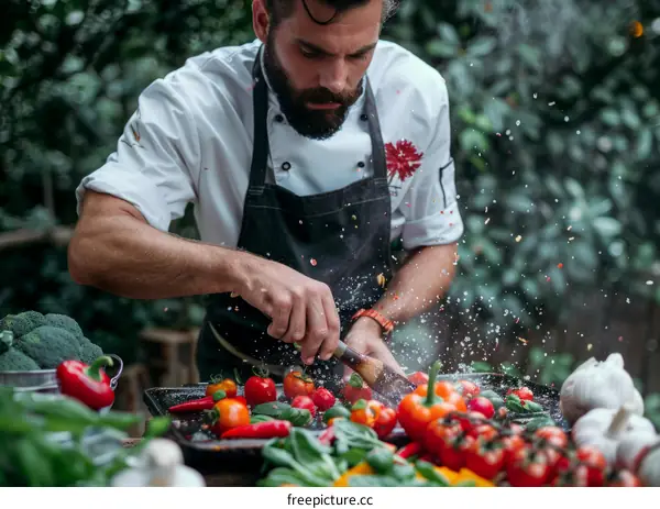 Chef is seasoning vegetables with salt and pepper