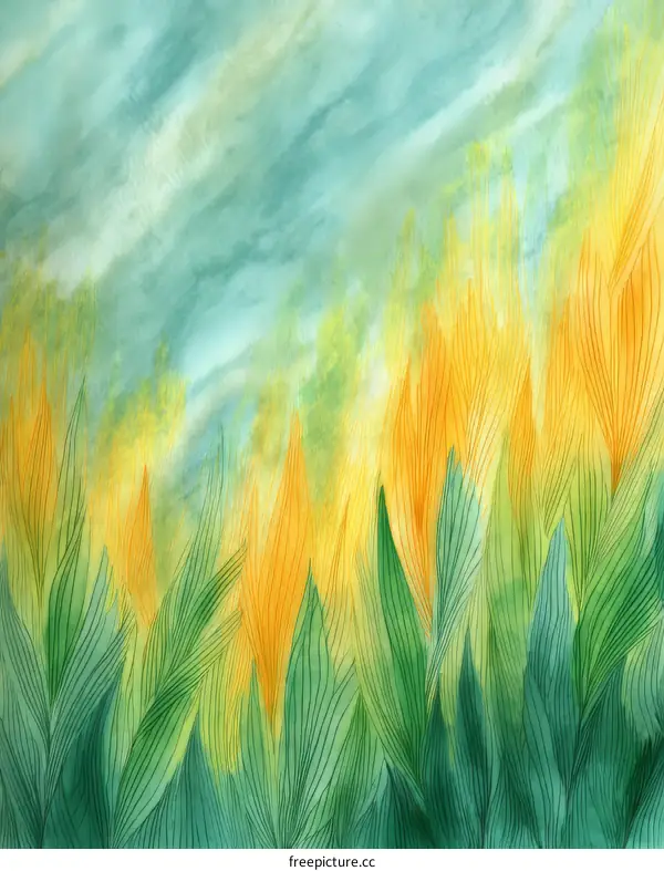 Watercolor Painting of Vivid Yellow and Green Plants