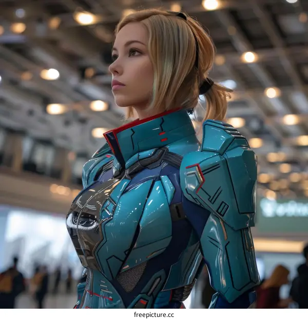 portrait of a young woman in futuristic armor