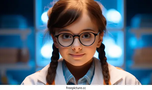 Little Girl Scientist Wearing Glasses and Lab Coat