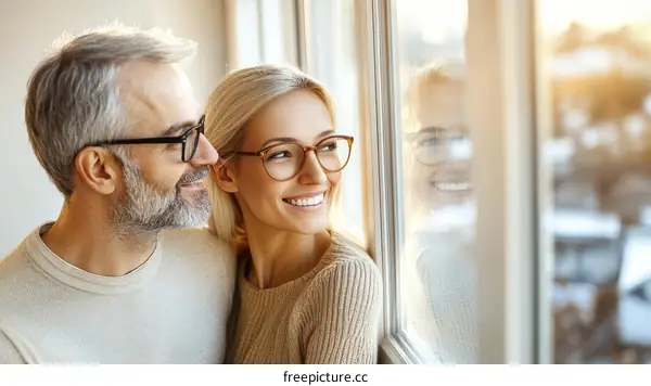 Couple Looking Through a Window in the Morning Sun