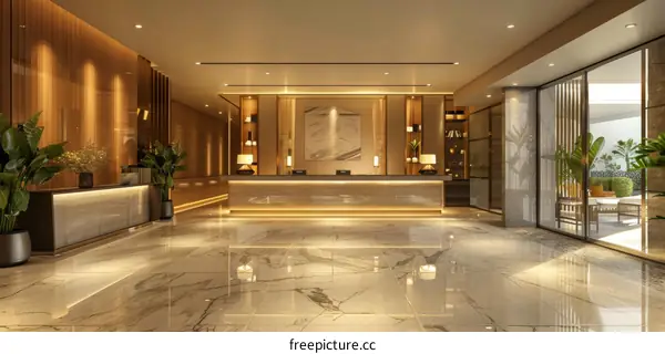 Modern hotel lobby interior with marble floor and wooden wall