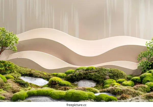 Abstract Minimalist Landscape Design with Moss and Wavy Structures