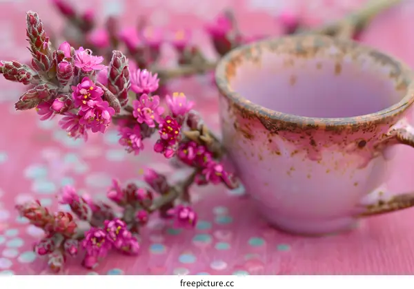 Pink Flowers and Teacup on a Pink Background