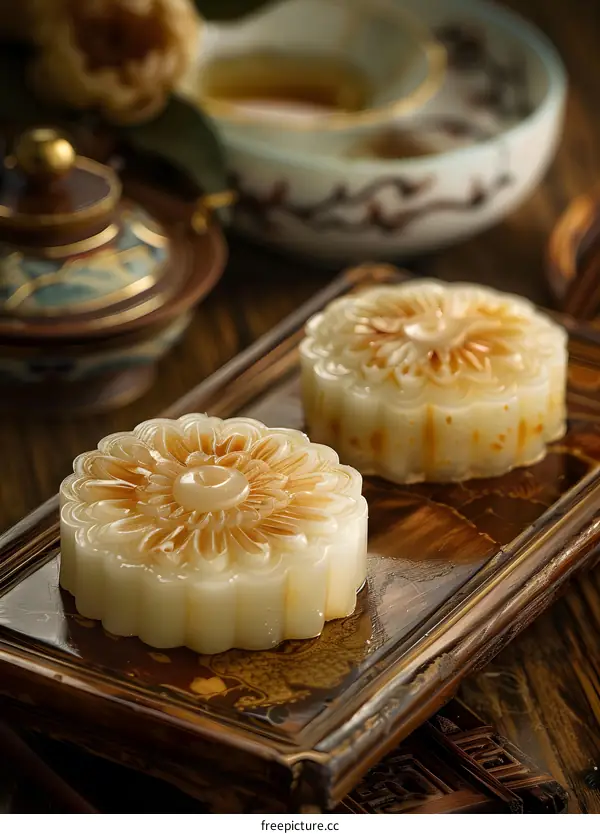 Traditional Chinese Mooncakes On Wooden Plate