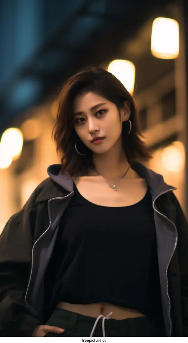 Portrait of a young Asian woman in a black hoodie and black tank top standing in front of a blurry background of city lights at night