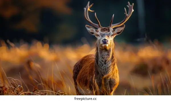 A majestic red deer stag stands in the middle of a field of tall grass.