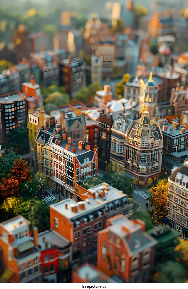 A miniature city with autumn trees and a clock tower.