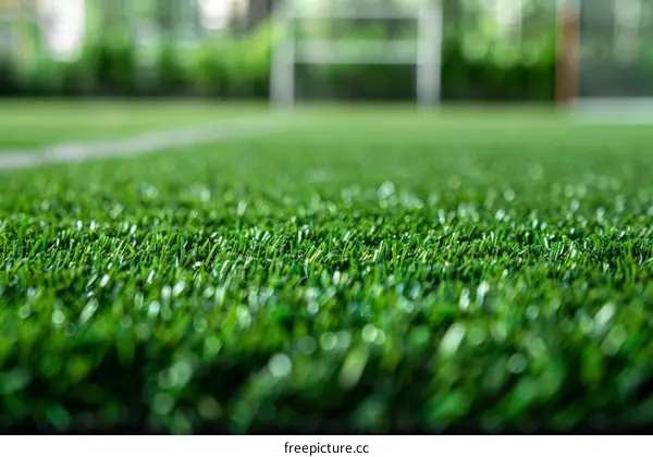 Close-up of green artificial grass texture with blurred soccer goal in the background