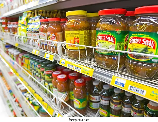 Grocery Store Shelf with Various Jars of Sauce