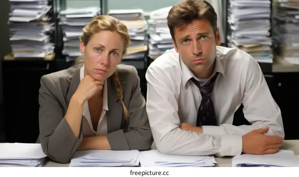 Two business people sitting at a desk looking bored with paperwork