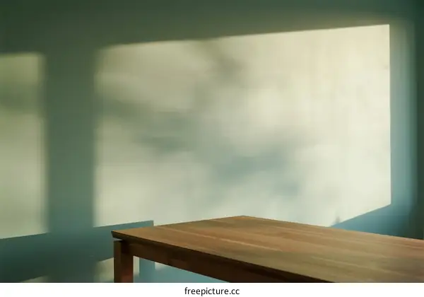 Sunlight casting shadows on a wooden table in a simple room
