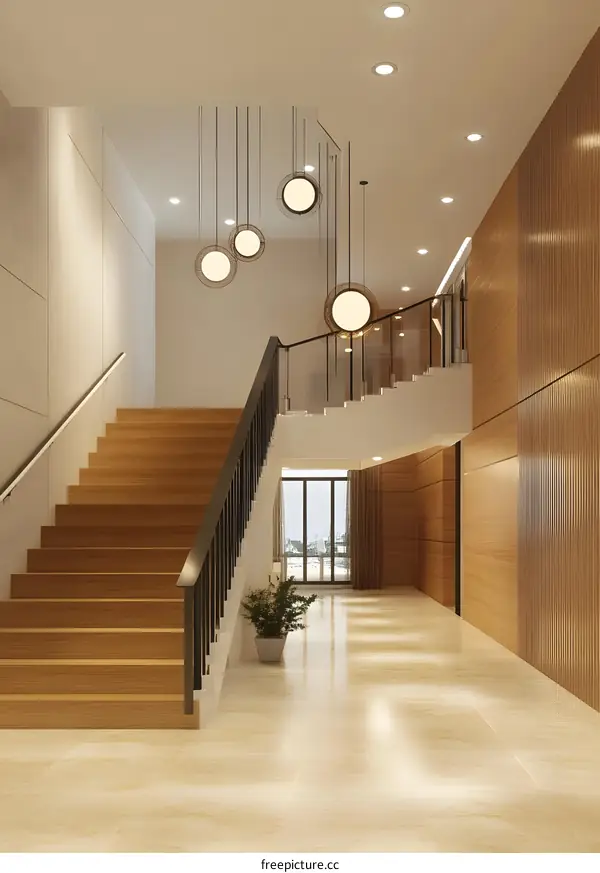 Modern Minimalist Staircase Interior Design with Wooden Steps