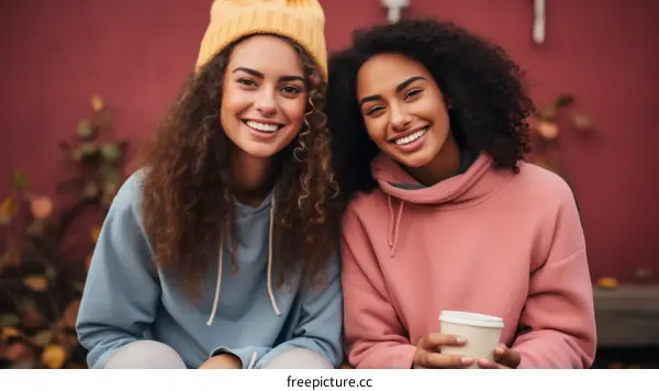 Two young multiracial women smiling and drinking coffee
