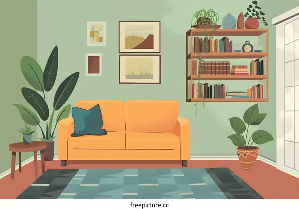Living Room Interior Design Illustration with Sofa and Bookshelf
