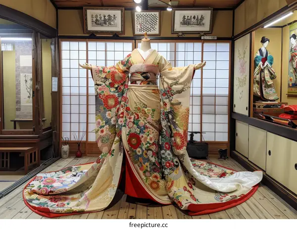 A traditional Japanese wedding kimono with a floral pattern and a long train.