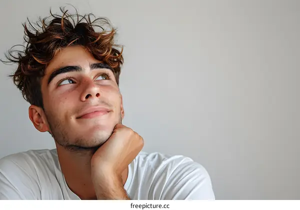 Portrait of a Young Man with Curly Hair Looking Up