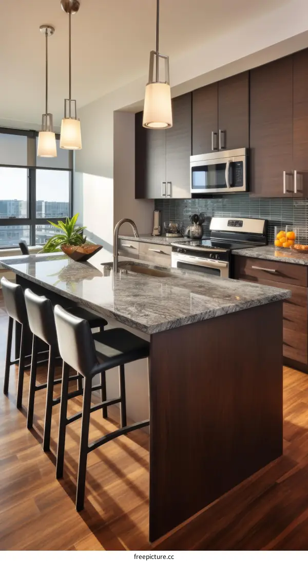 Kitchen island with seating and stainless steel appliances