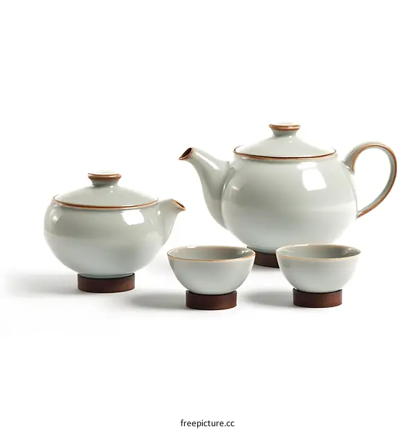 White Ceramic Teapot Set With Wooden Bases