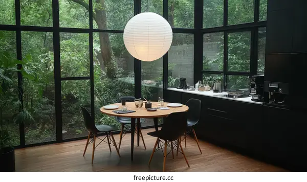 Modern Dining Room with Lush Garden View