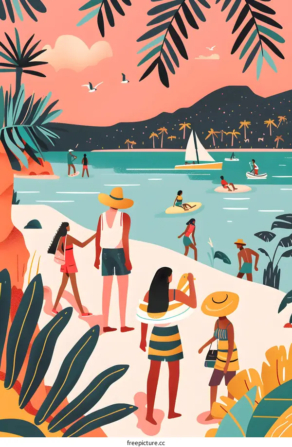 Summer Beach Scene Illustration With Palm Trees, Ocean, and People
