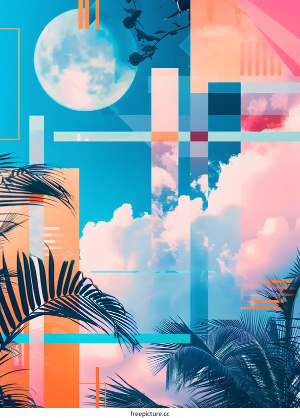 Abstract Tropical Summer Collage with Palm Trees and Moon