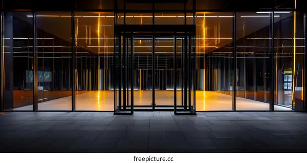 Modern Building Entrance With Glass Doors and Bright Lights