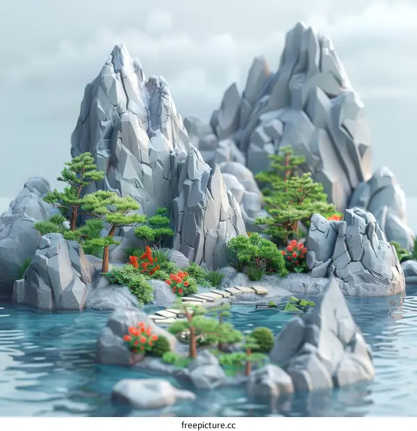 Miniature Mountain Landscape with Floating Islands