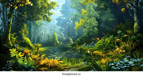 Enchanted Forest with a Sunlit Stream