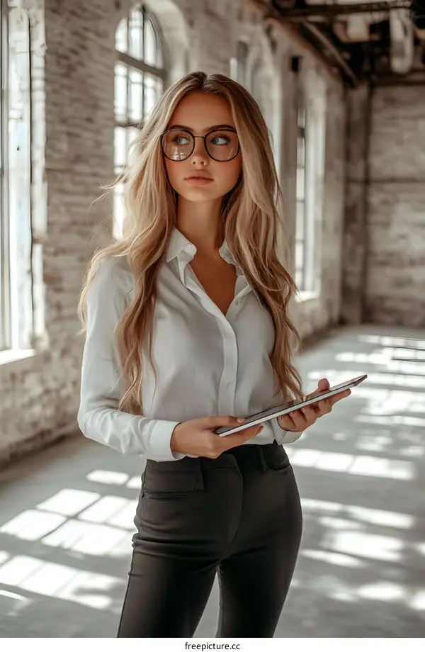 Young Blond Woman Holding Tablet In Warehouse