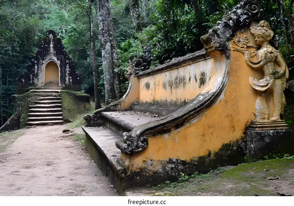 Ancient Stone Bench In Jungle Setting