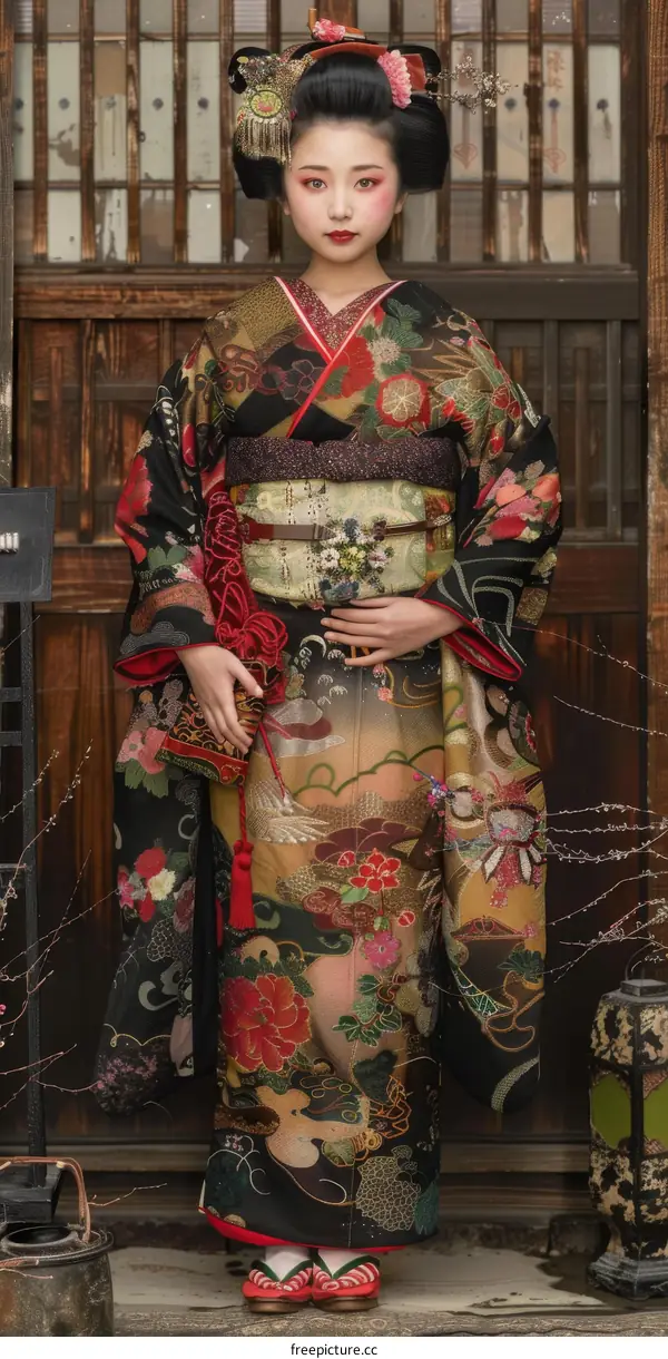 A woman wearing a kimono is standing in front of a traditional Japanese house.