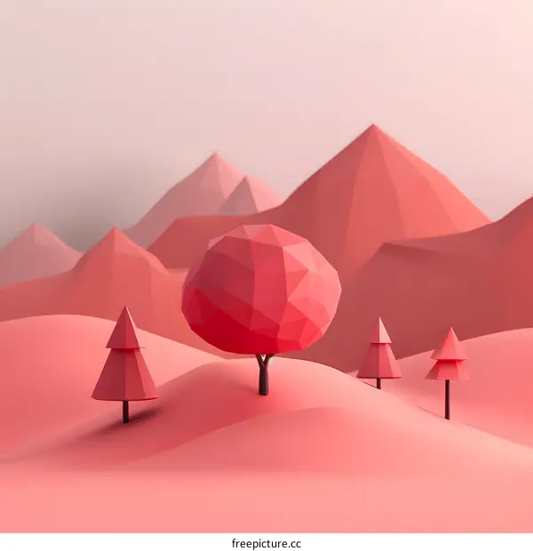 Pink landscape with pink trees and mountains