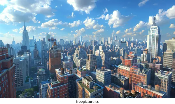 Manhattan Skyline with Skyscrapers and Clouds