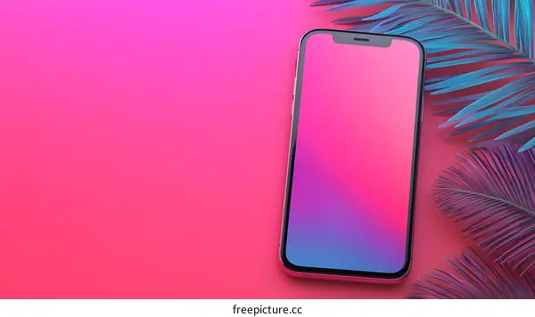 Mobile Phone Mockup with Palm Leaves on Pink Background