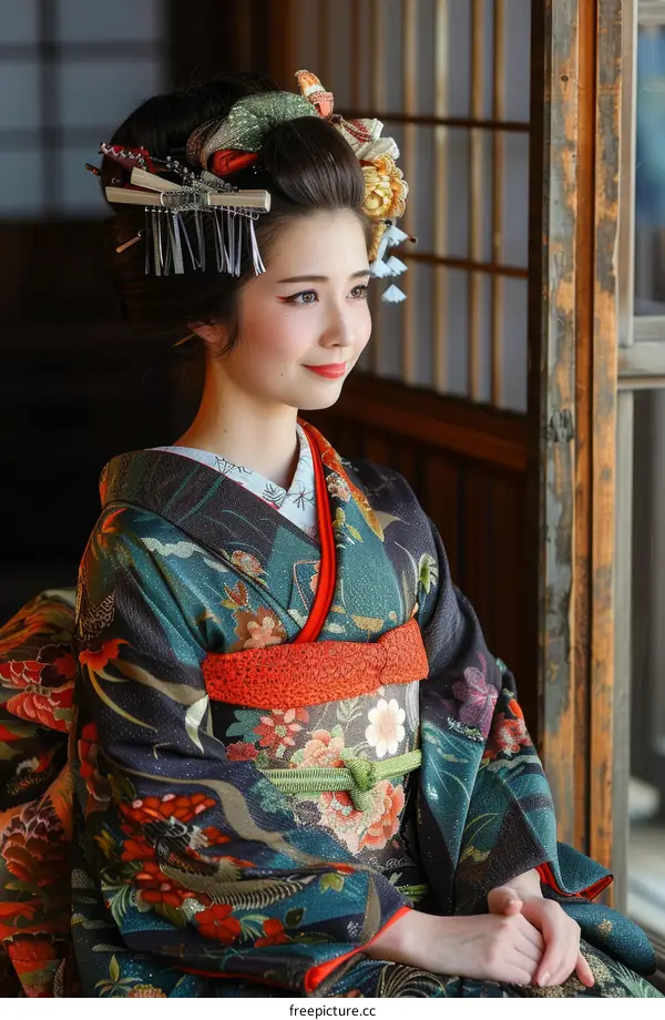 A Japanese woman wearing a kimono is sitting in a traditional Japanese room.