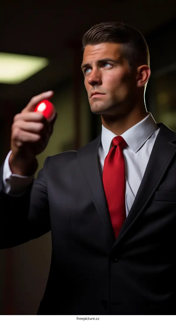 Man in suit holding a red ball