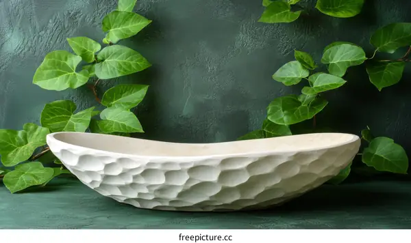 Elegant White Carved Bowl Against a Deep Green Background