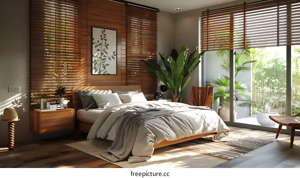 Bedroom with wooden blinds