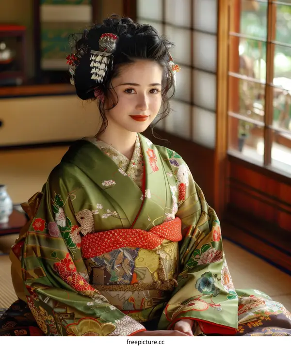Portrait of a beautiful Japanese woman in traditional kimono