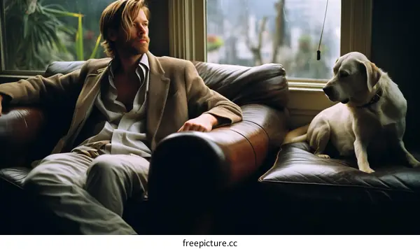 A man and his dog are sitting on a couch and looking out the window.