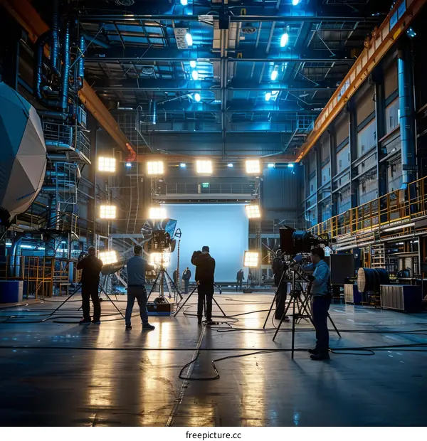 A group of people are filming in a large studio