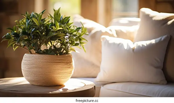 Cozy Living Room with Potted Plant and Sunlight